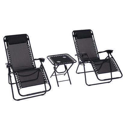 3PC Zero Gravity Chairs Sun Lounger Table Set w/ Cup Holders, Black