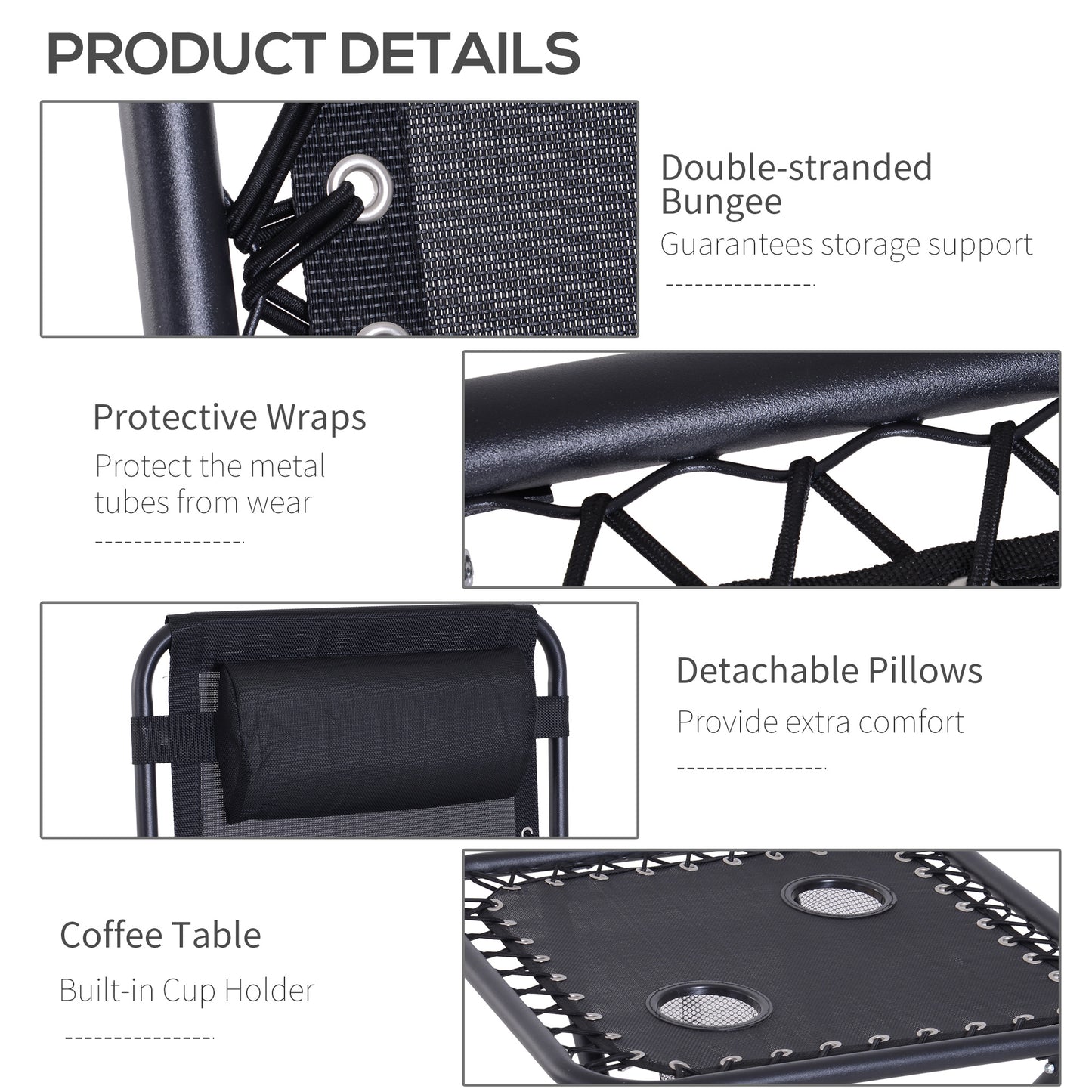 3PC Zero Gravity Chairs Sun Lounger Table Set w/ Cup Holders, Black