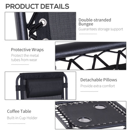 3PC Zero Gravity Chairs Sun Lounger Table Set w/ Cup Holders, Black
