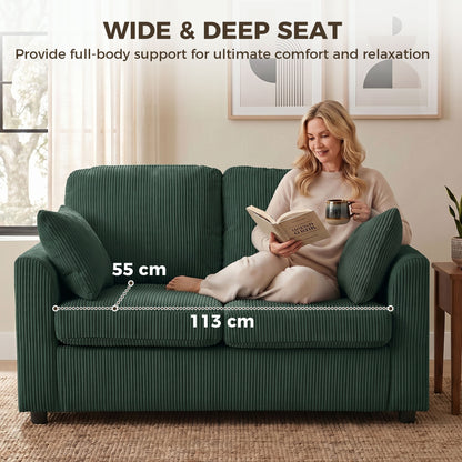 2 Seater Sofa, Corduroy Small Couch with Spring Cushion, Dark Green