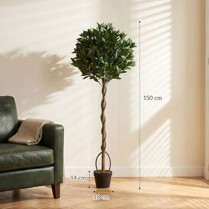 Artificial Bay Laurel Topiary Trees with Twisted Trunk, Realistic Lush Topiary Ball Tree with Weighted Pot, 5FT Indoor Greenery Plant for Home Office Decor, Set of 2, Green