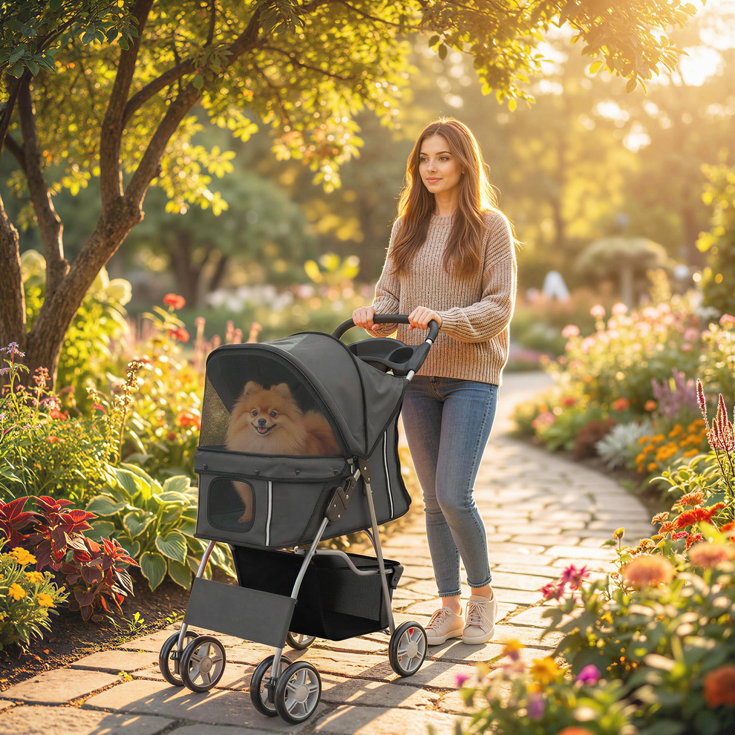 Pet Stroller Carrier Foldable Deluxe Walk Travel Dog, Dark Grey