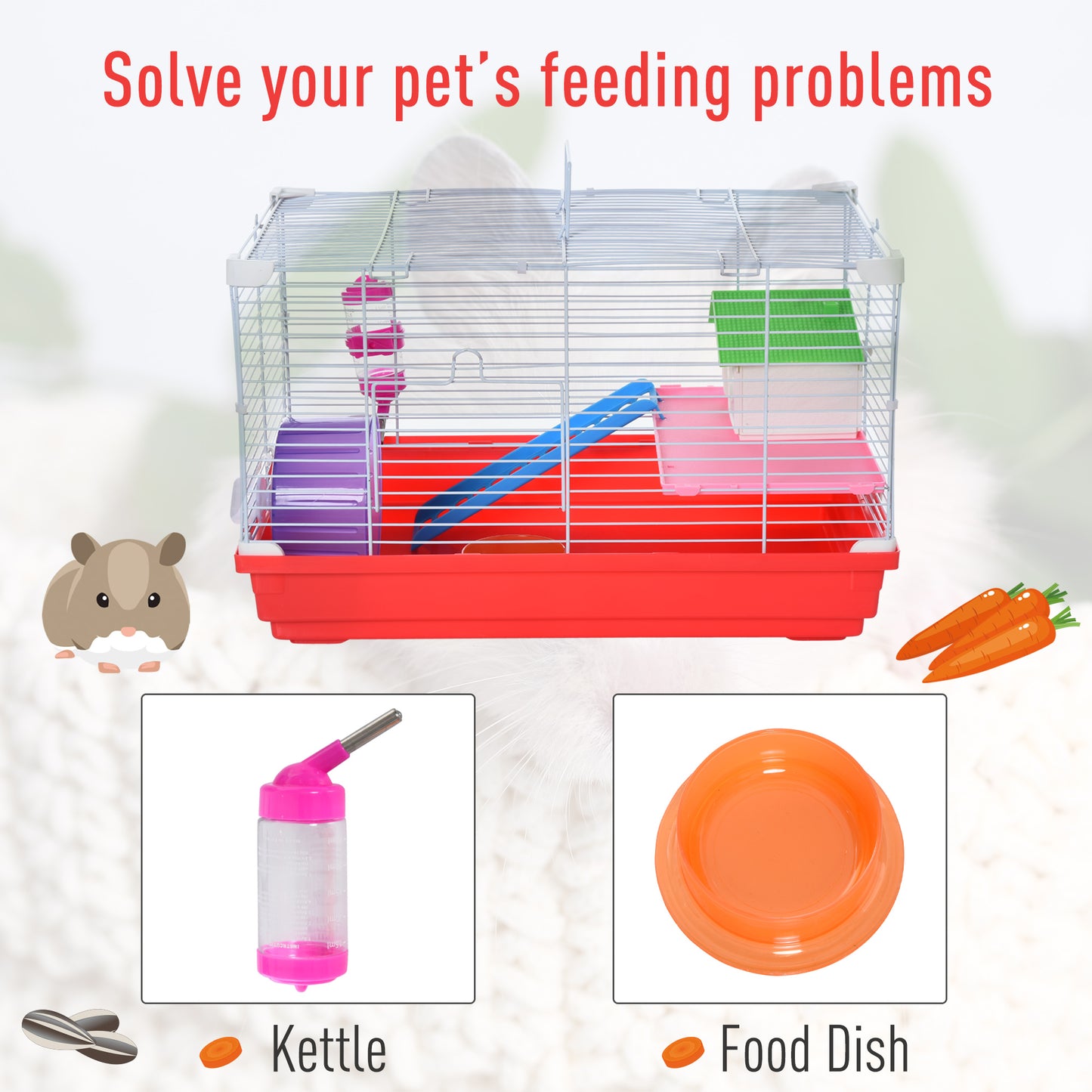 Portable 2 Storey Hamster Cage Small Pet Animal Cage Double Layers w/ Exercise Wheel Water Bottle Dishes