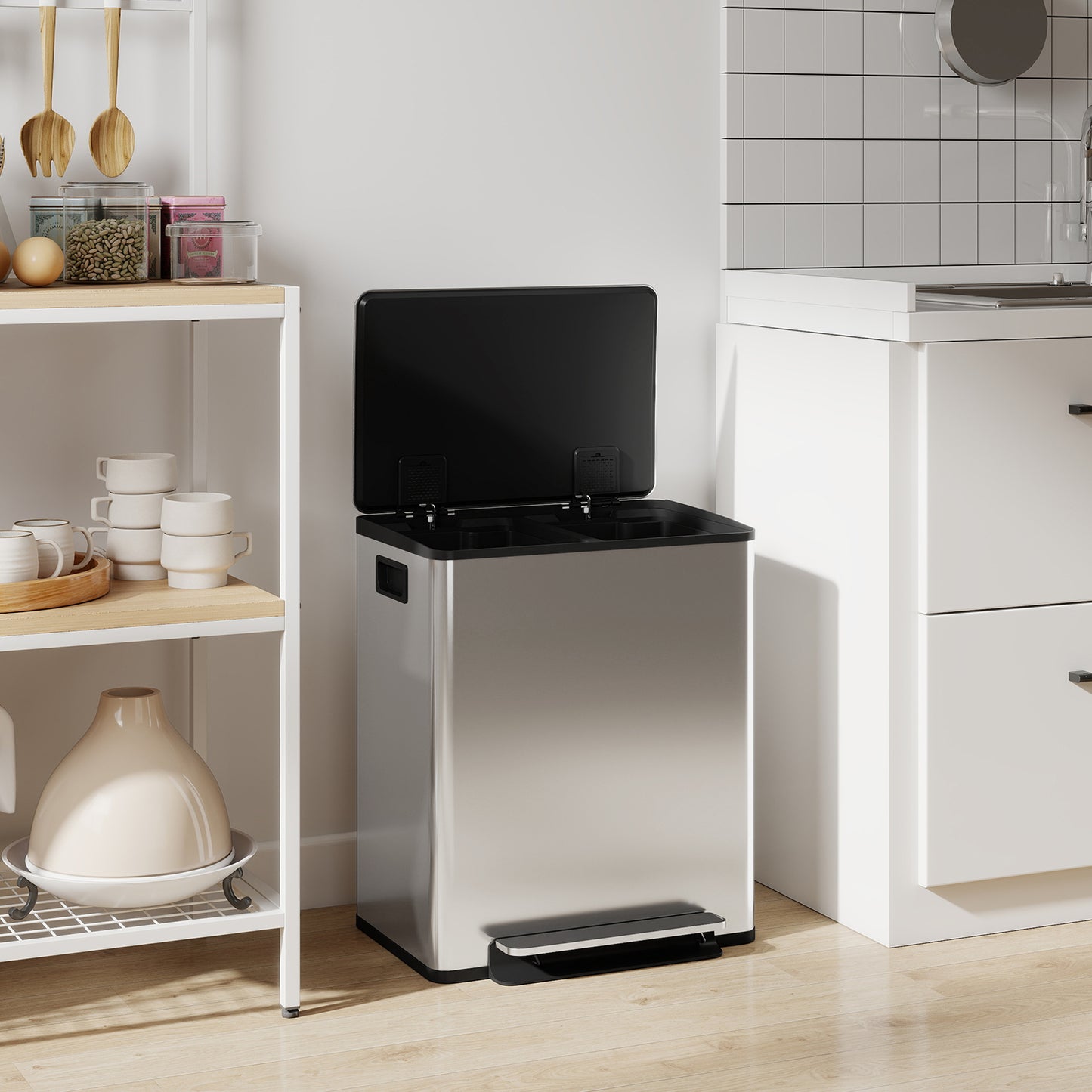 2 x 25L Double Kitchen Bin, Pedal Bin with Soft-Close Lid, Silver