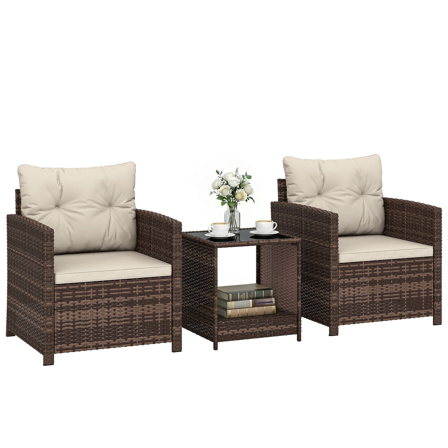 Rattan Garden Furniture Bistro Set with Cushion, Mixed Brown