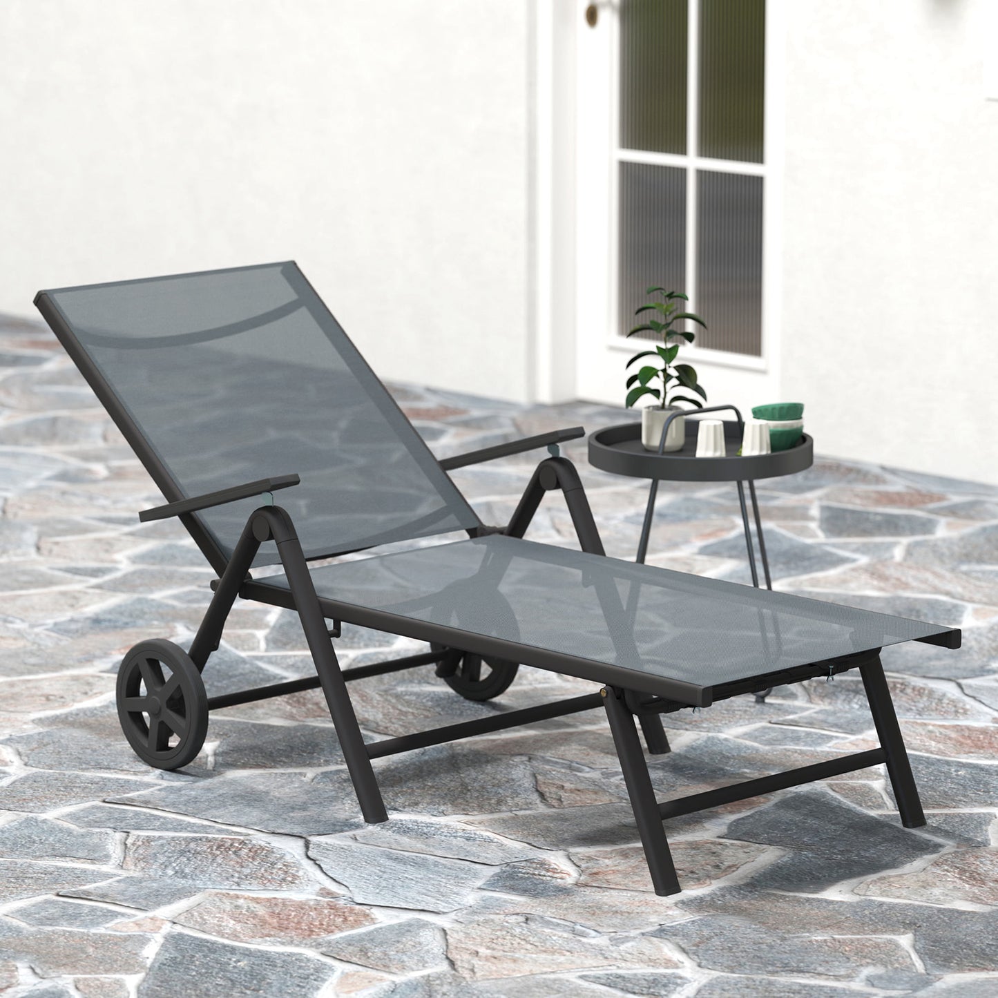 Folding Sun Lounger w/ Wheels, 5-Position Adjustable Lounge, Grey