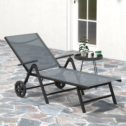 Folding Sun Lounger w/ Wheels, 5-Position Adjustable Lounge, Grey
