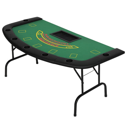 7 Player Poker Table, 182 cm Folding Blackjack Table with Chip Tray, Cup Holders, Padded Rails, Portable Half-shape Card Game Tables with Felt Top and Metal Base, Green