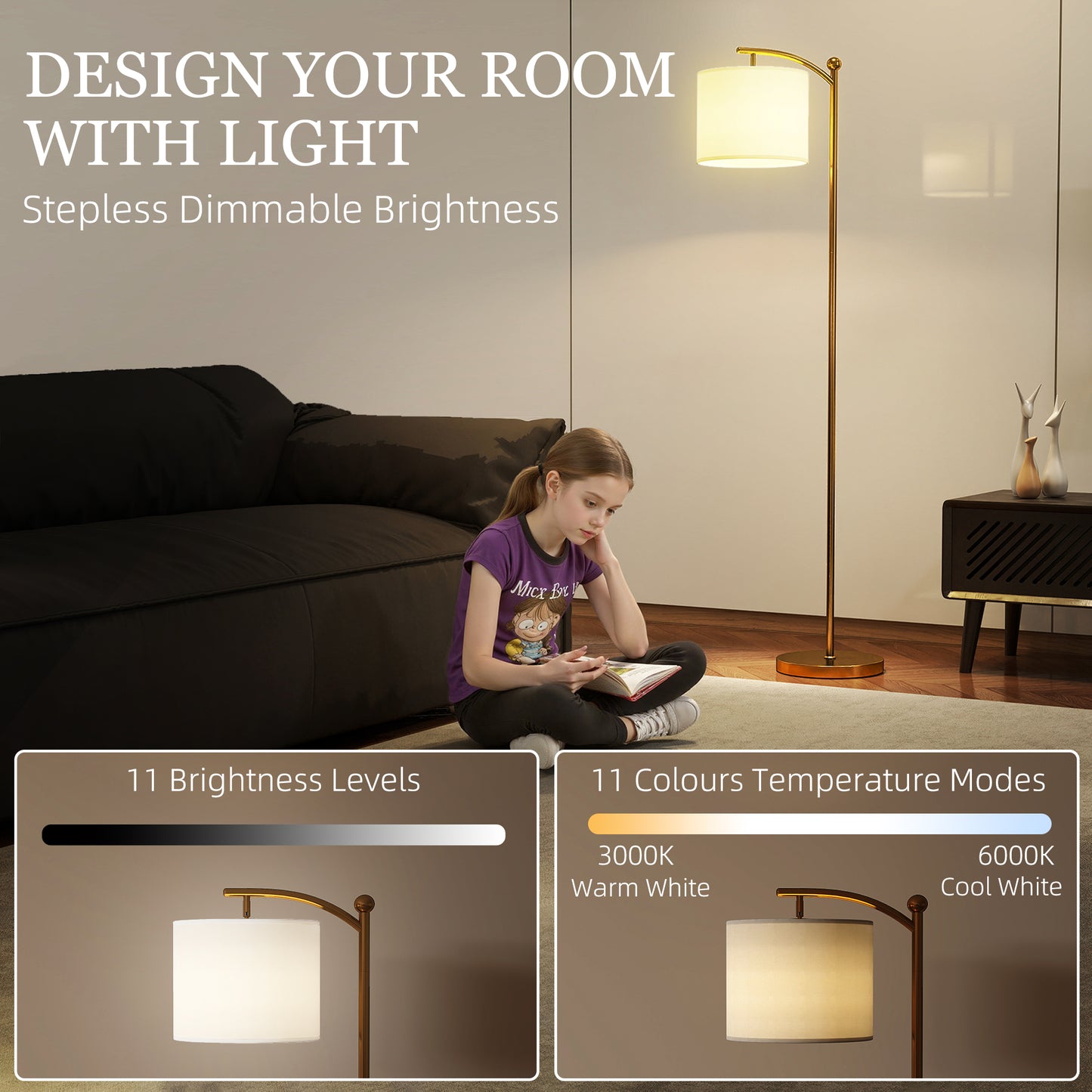 LED Floor Lamp, Stepless Dimmable Reading Standing Lamp with Magnetic Remote Control and 11 Colours Temperature & 11 Brightness Levels, 60 Min Timer for Living Room, Bedroom, Office, Gold Tone
