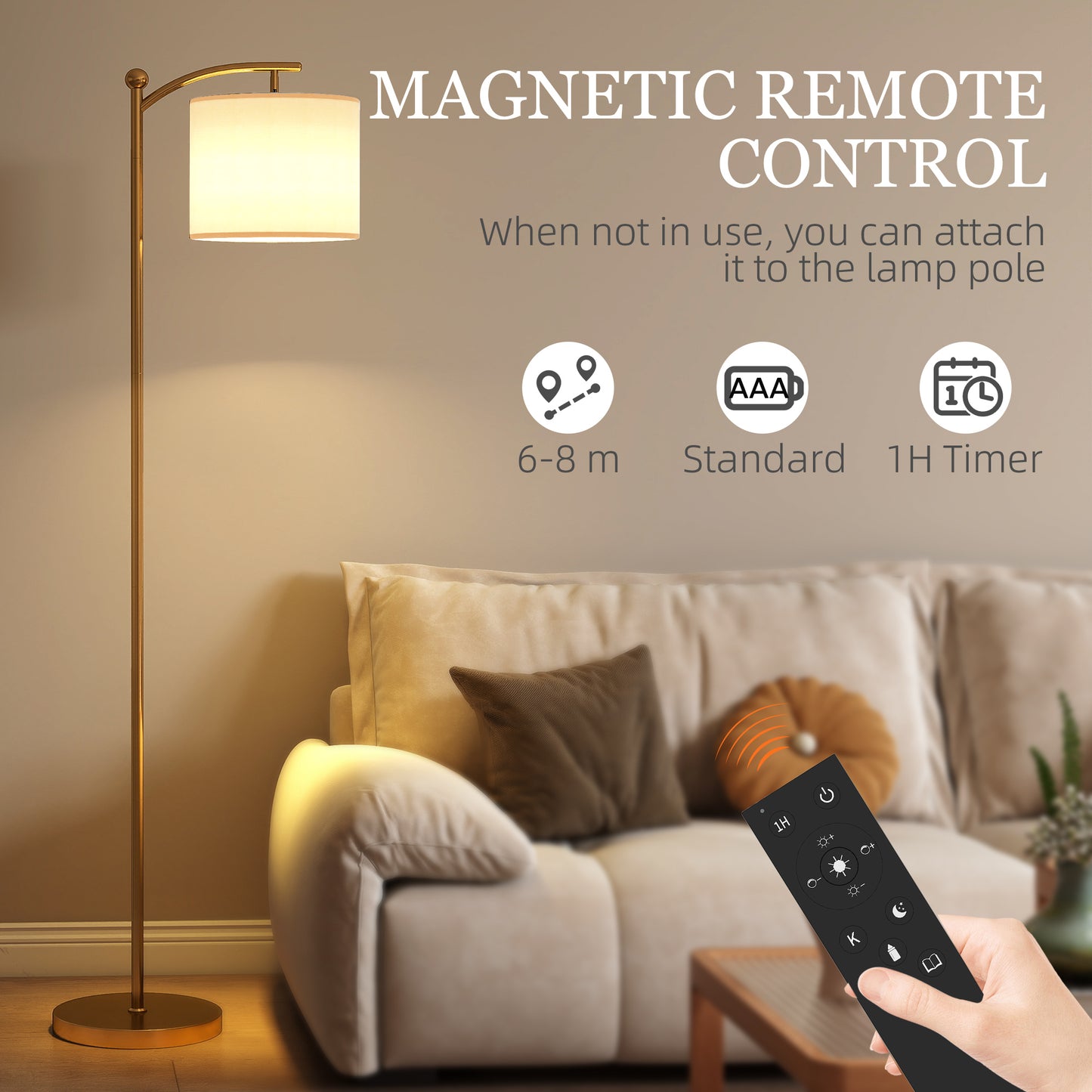 LED Floor Lamp, Stepless Dimmable Reading Standing Lamp with Magnetic Remote Control and 11 Colours Temperature & 11 Brightness Levels, 60 Min Timer for Living Room, Bedroom, Office, Gold Tone