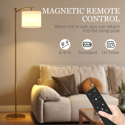 LED Floor Lamp, Stepless Dimmable Reading Standing Lamp with Magnetic Remote Control and 11 Colours Temperature & 11 Brightness Levels, 60 Min Timer for Living Room, Bedroom, Office, Gold Tone