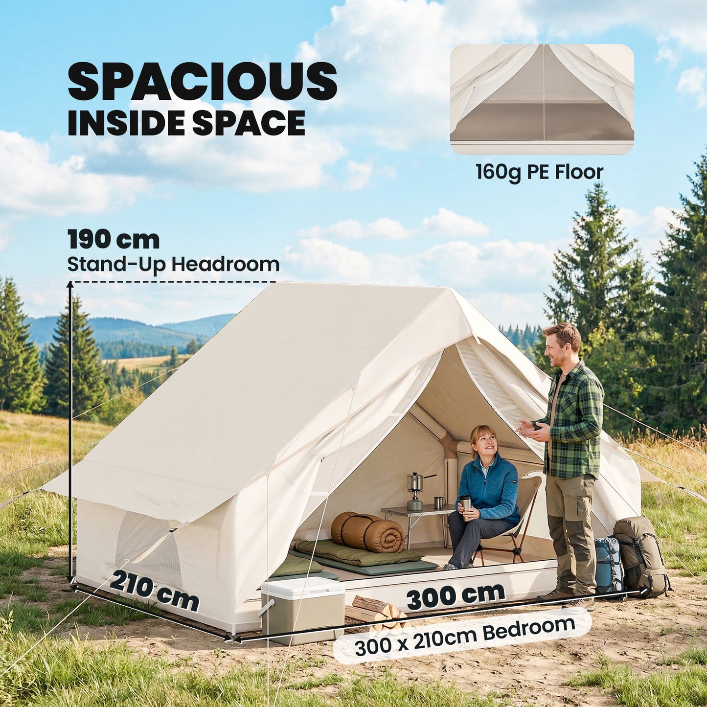 Inflatable Camping Tent with Air Pump, Easy Setup 2-4 Person Blow Up Glamping Tent, 3000mm Waterproof with Mesh Windows and Carry Bag, House Design for Family Weekend Camping, Beige