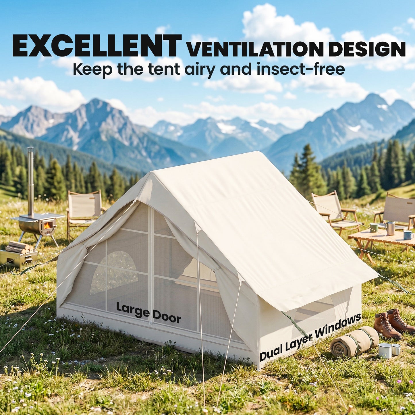 Inflatable Camping Tent with Air Pump, Easy Setup 2-4 Person Blow Up Glamping Tent, 3000mm Waterproof with Mesh Windows and Carry Bag, House Design for Family Weekend Camping, Beige