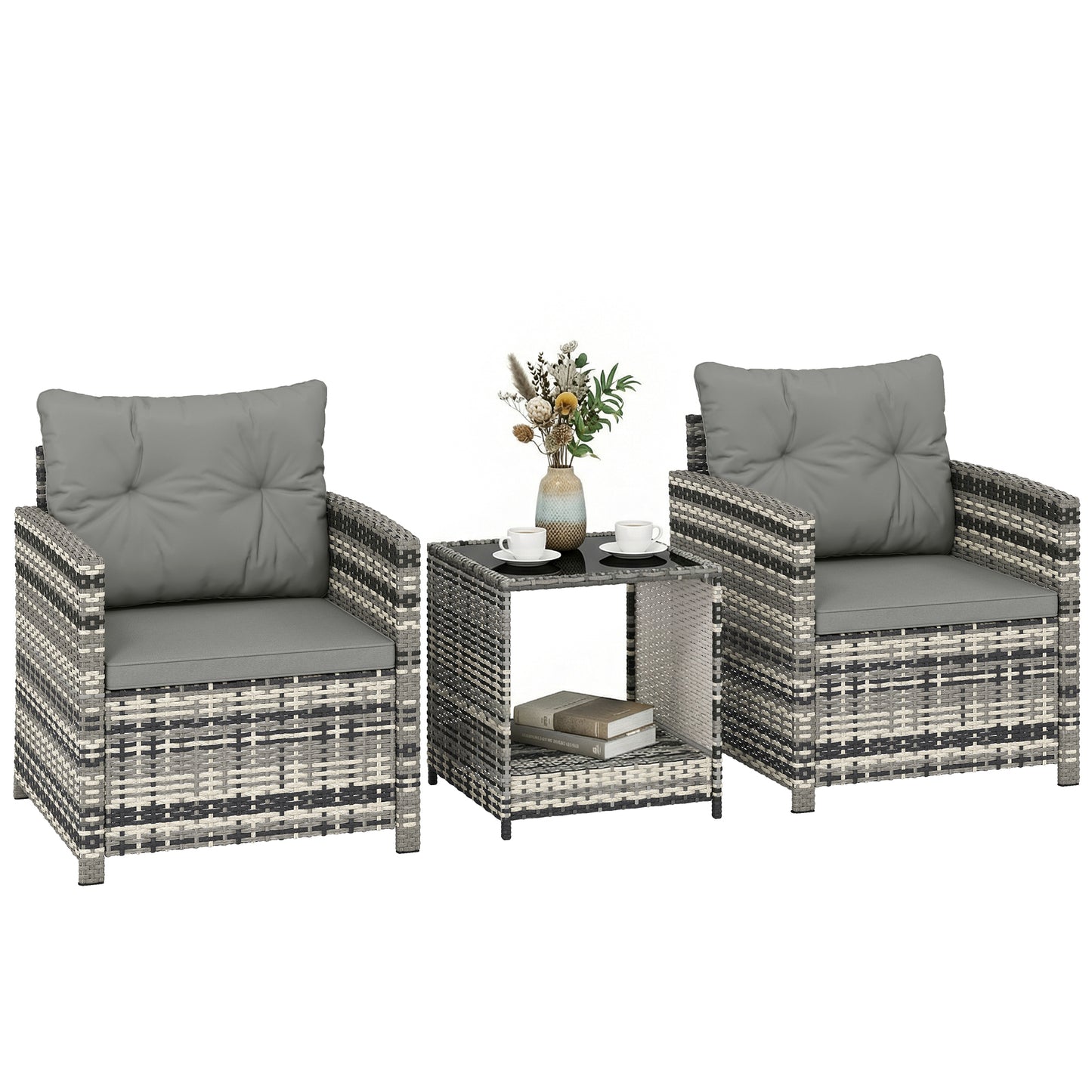 Rattan Garden Furniture Bistro Set with Cushion, Mixed Grey