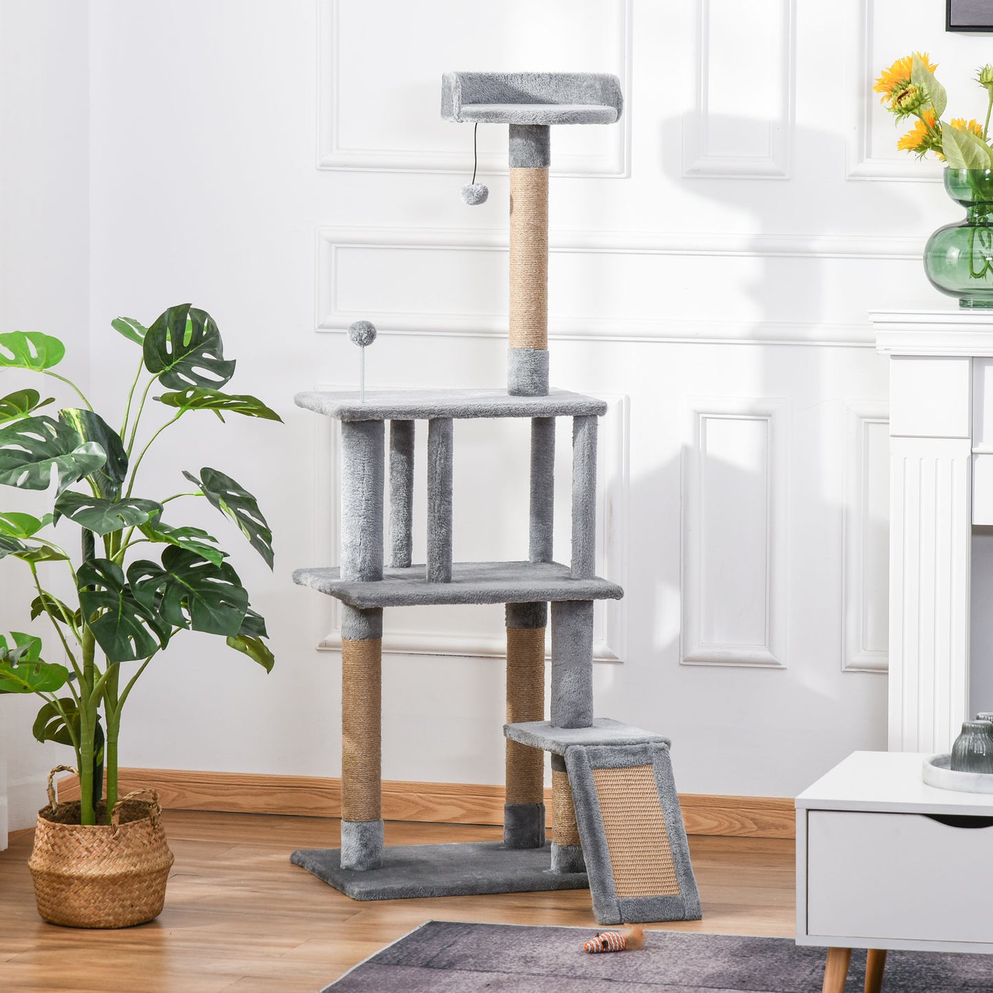 Cat Tree Tower for Indoor Cats 142cm Climbing Kitten Activity Center with Jute Scratching Post Board Perch Roomy Condo Removable Felt Hanging Toy, Grey