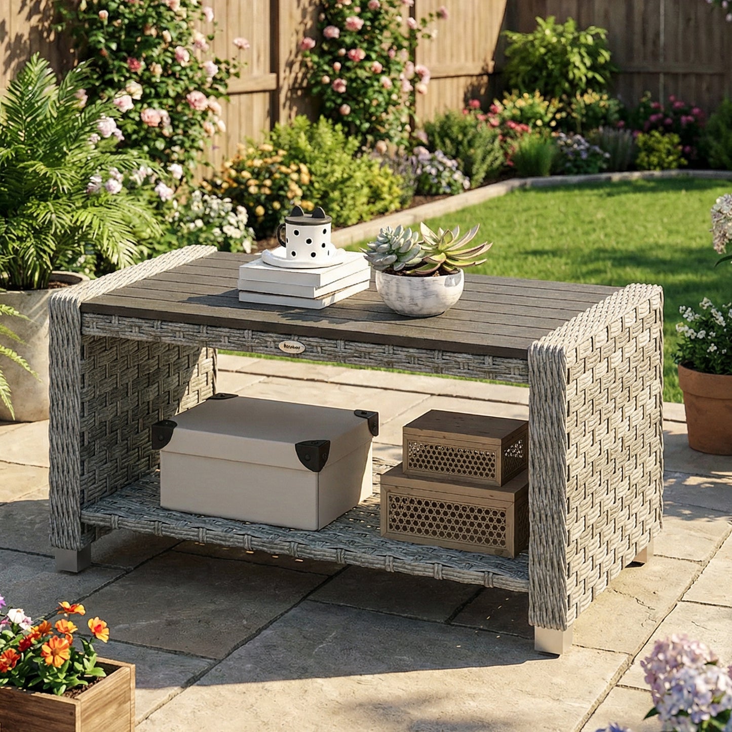 Outdoor Coffee Table with Storage Shelf and Slatted Top, Grey