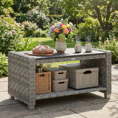 Outdoor Coffee Table with Storage Shelf and Slatted Top, Grey