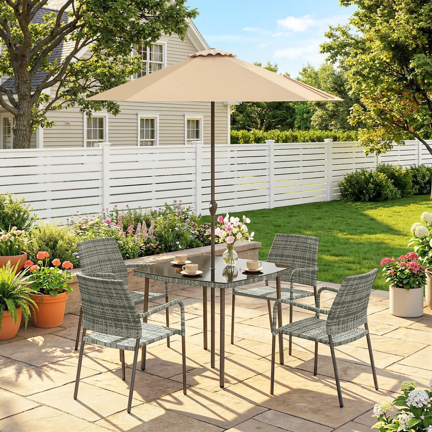 4 Seater Rattan Dining Set with Parasol, Light Grey