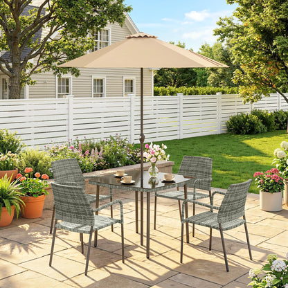 4 Seater Rattan Dining Set with Parasol, Light Grey