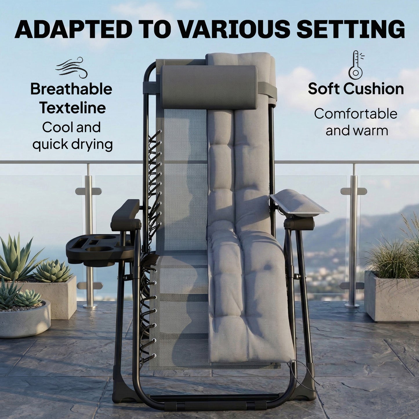 Zero Gravity Chair Sun Lounger with Cup Holder, Cushion, Light Grey