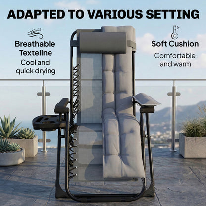 Zero Gravity Chair Sun Lounger with Cup Holder, Cushion, Light Grey