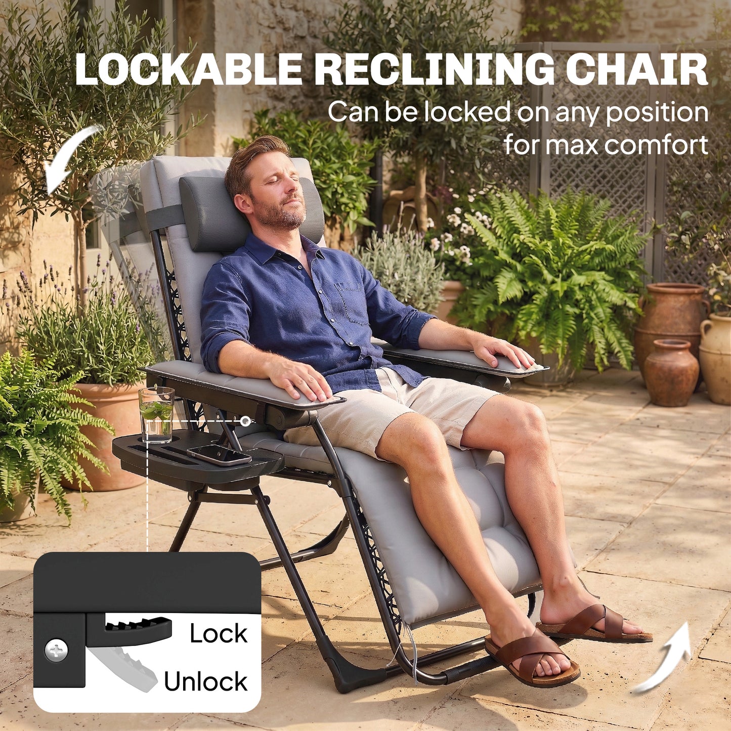 Zero Gravity Chair Sun Lounger with Cup Holder, Cushion, Light Grey