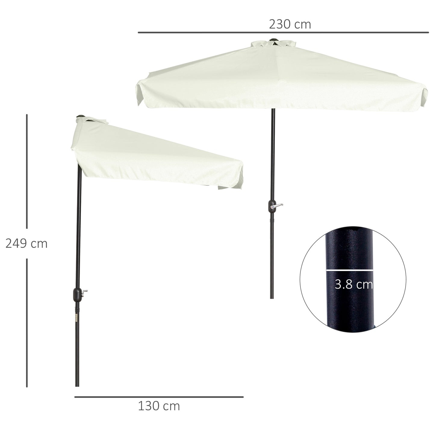 2.3m Half Round Parasol Garden Sun Umbrella Metal w/ Crank Off-White