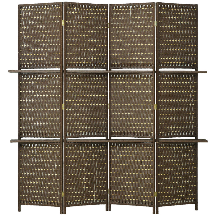 4-Panel Room Dividers with Shelves, Wave Fibre Freestanding Folding Privacy Screen Panels, Partition Wall Divider for Indoor Bedroom Brown