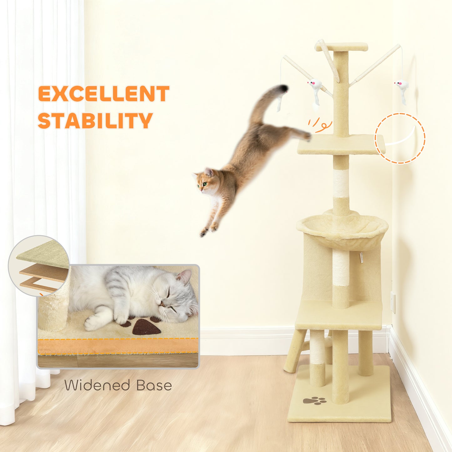 Cat Tree for Indoor Cats, 134cm Scratching Post Climbing Tower, Beige