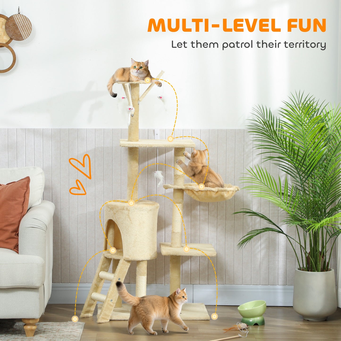 Cat Tree for Indoor Cats, 134cm Scratching Post Climbing Tower, Beige