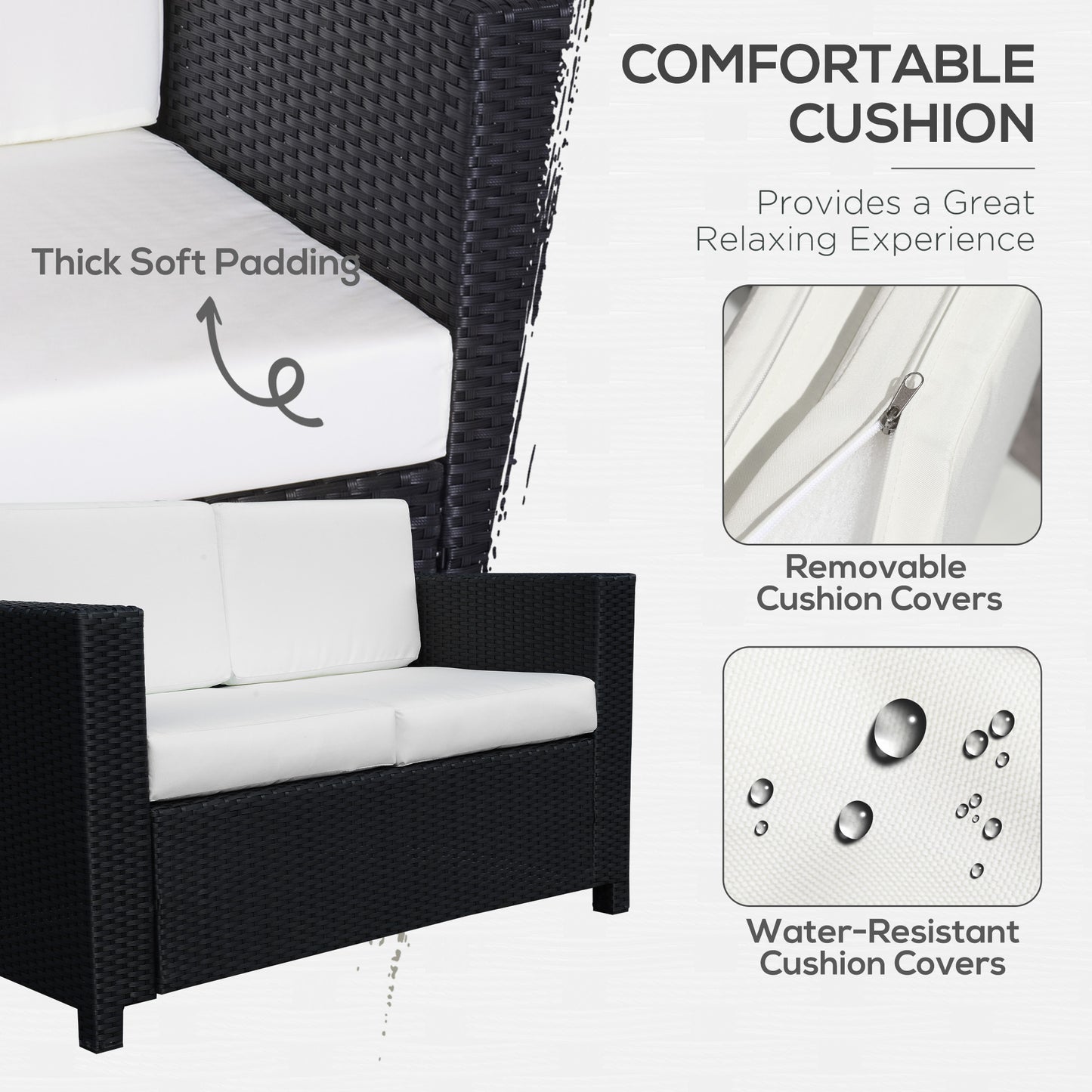 Rattan Wicker 2-seat Loveseat Padded Garden Furniture Black