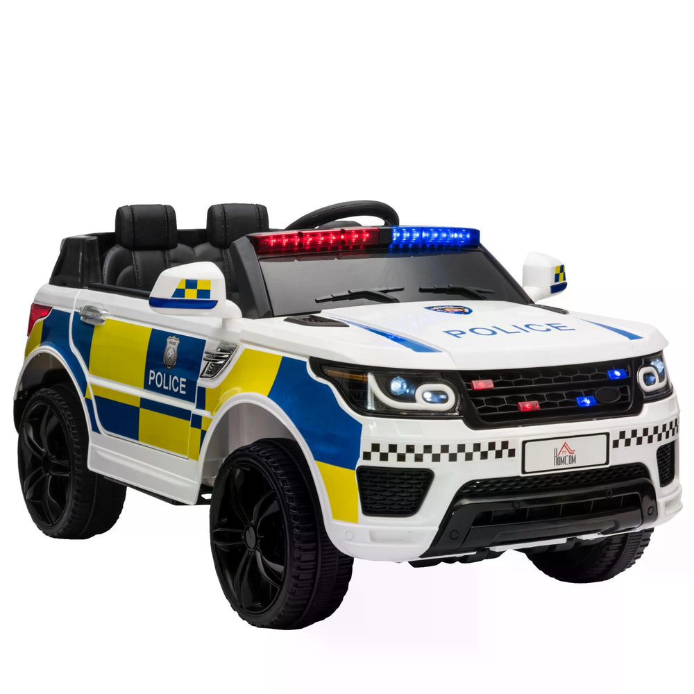 12V Kids Portable Electric Ride On Police Car with Parental Remote Control Siren Flashing Lights USB Bluetooth for 3-6 Years White