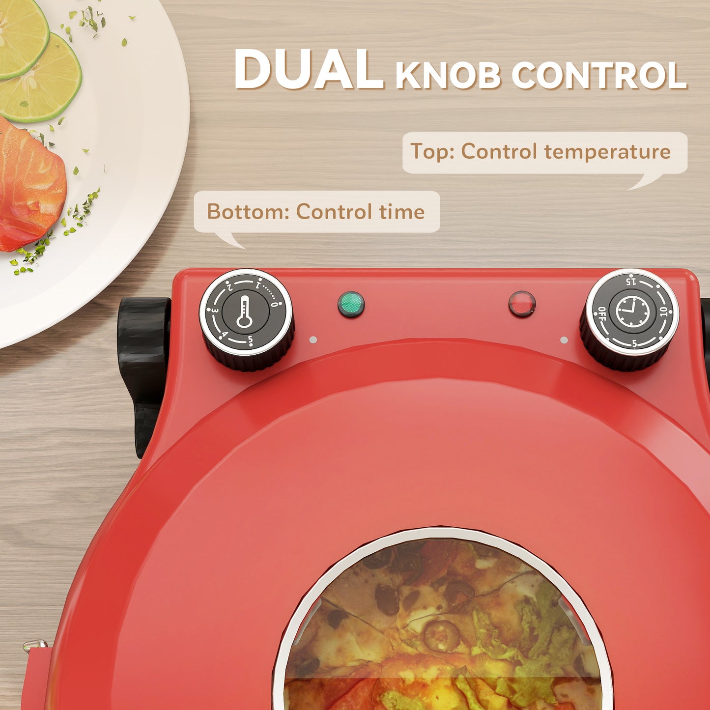 1200W Pizza Oven, Pizza Maker, 5-Min Crisp, Dual Knob Control, Red