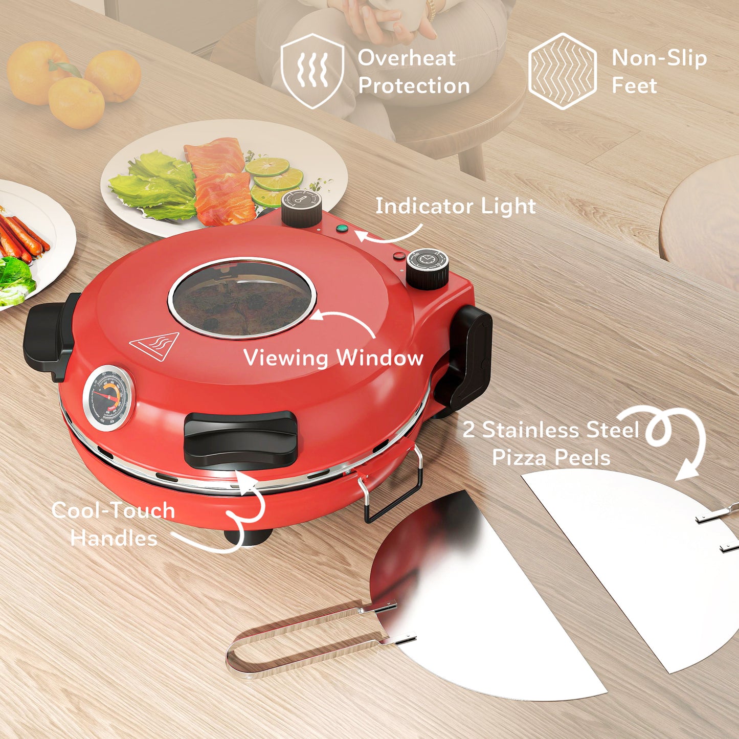 1200W Pizza Oven, Pizza Maker, 5-Min Crisp, Dual Knob Control, Red