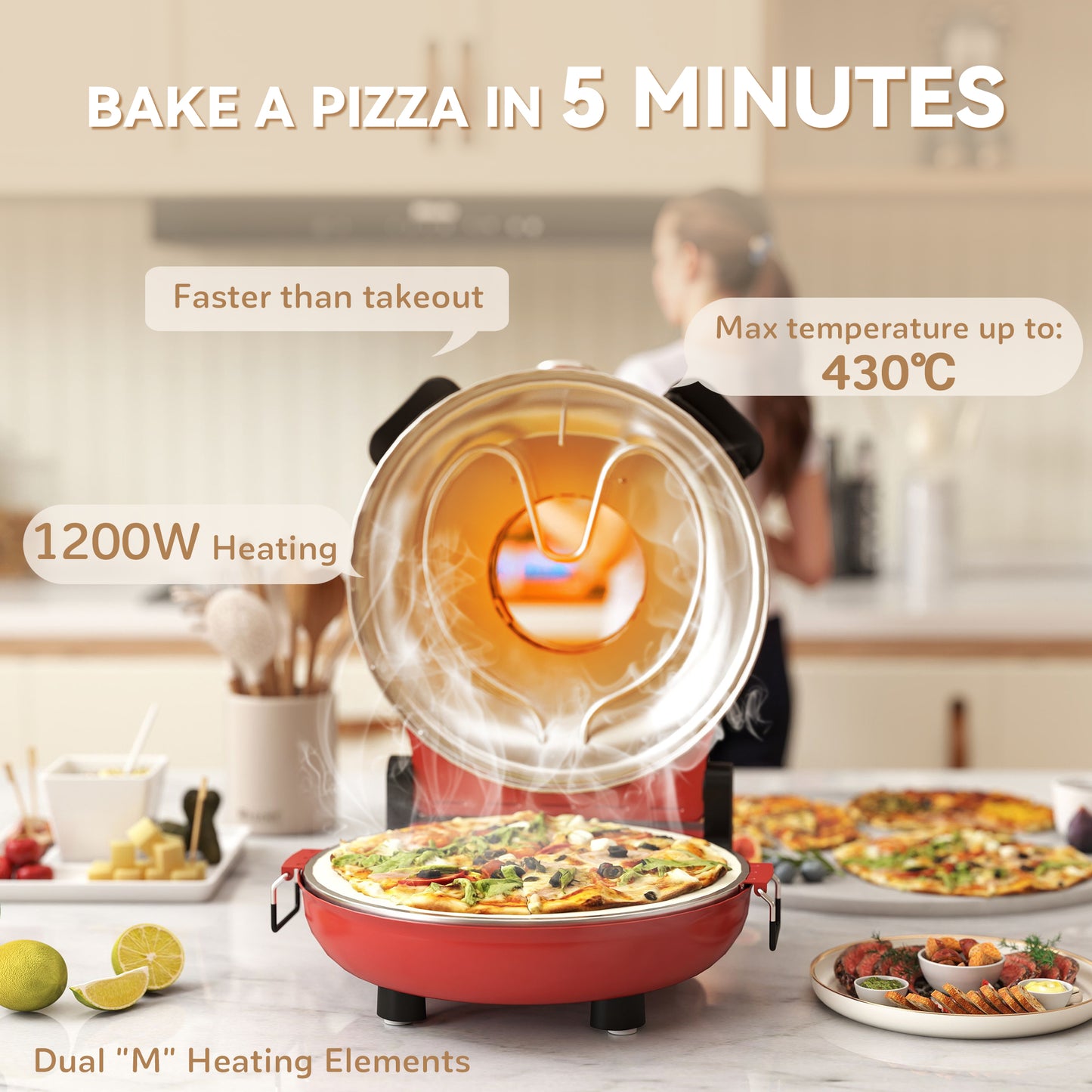 1200W Pizza Oven, Pizza Maker, 5-Min Crisp, Dual Knob Control, Red