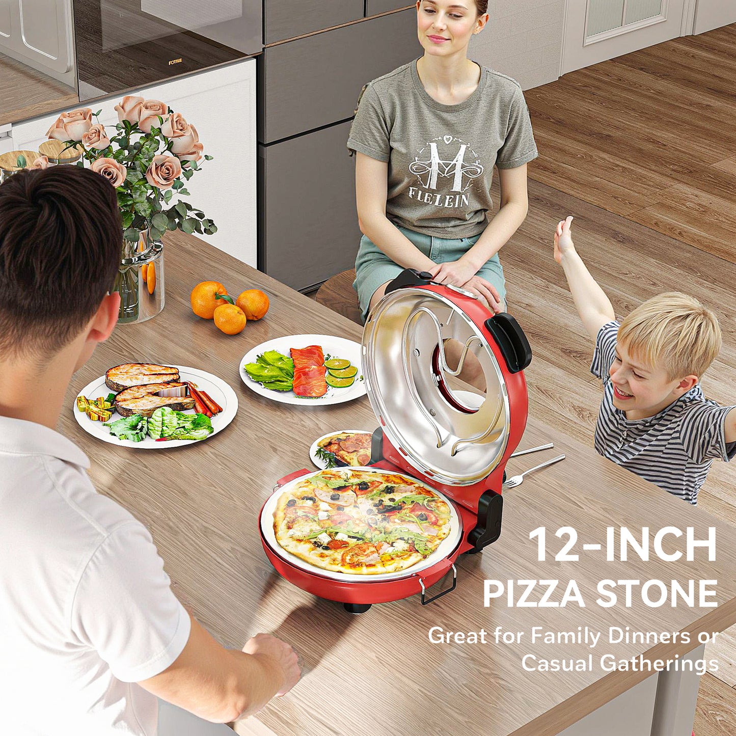 1200W Pizza Oven, Pizza Maker, 5-Min Crisp, Dual Knob Control, Red