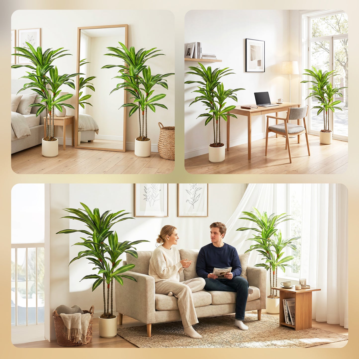 Set of 2 120cm Artificial Dracaena Trees, Decorative Artificial Plants with Bendable Trunks and White Planters for Living Room Bedroom Home Office Decor, Green