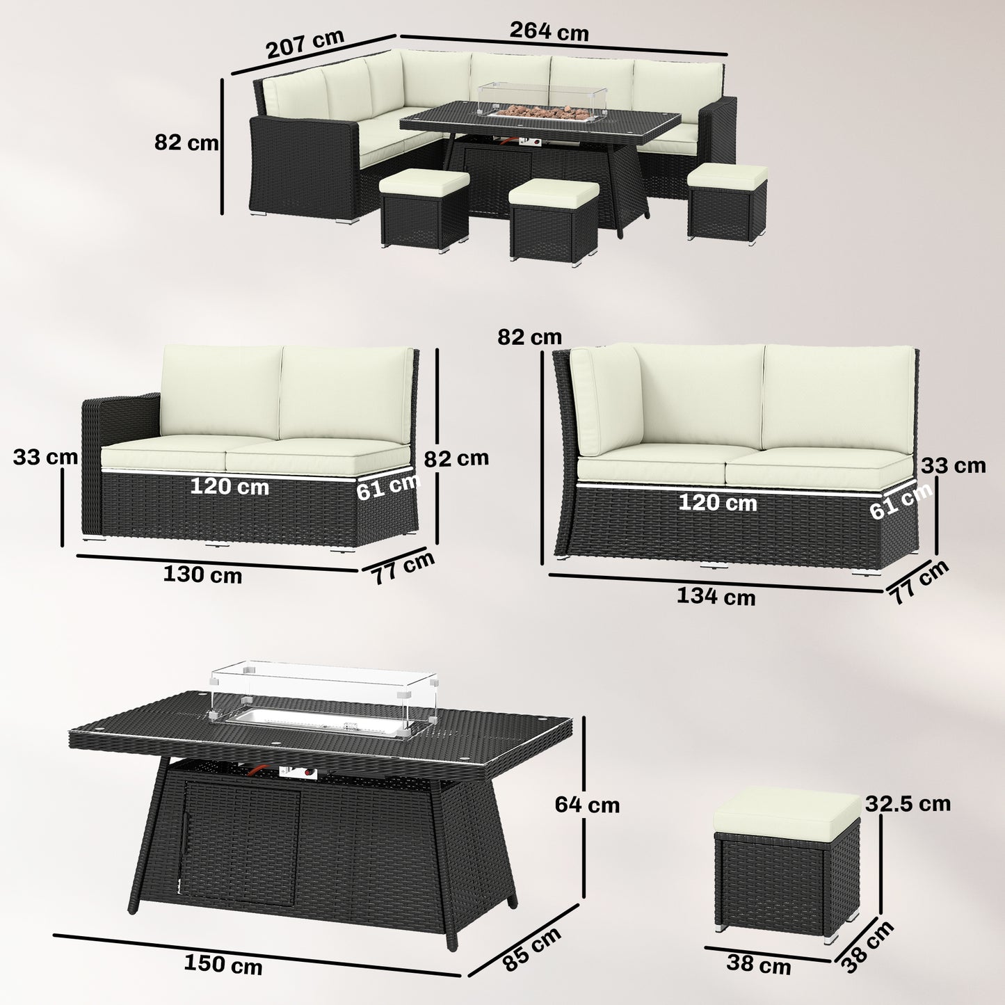 7 Pieces Rattan Garden Furniture Set w/ 50,000 BTU Fire Pit Table