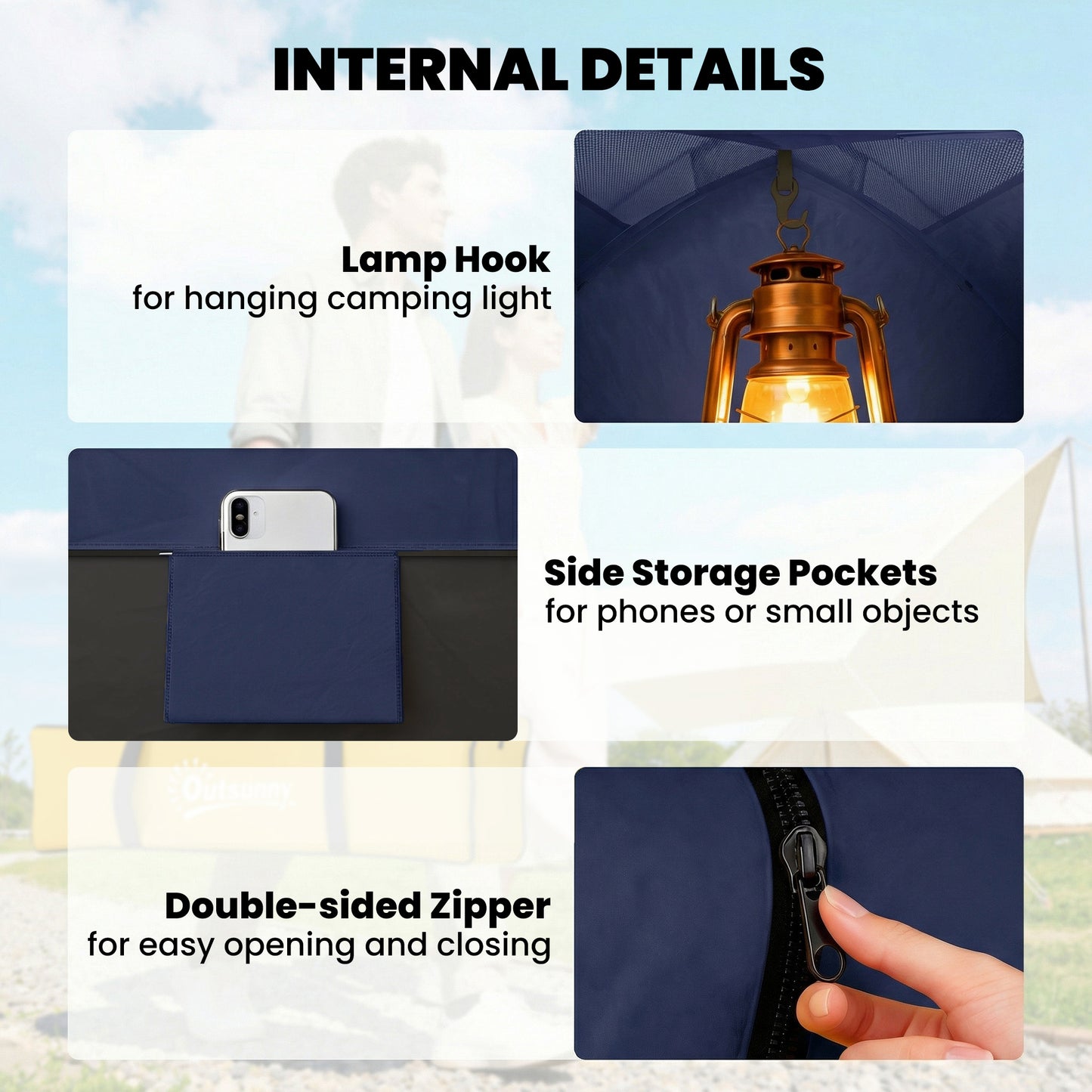 2 Person Camping Tent, Dome Tent with Storage Pocket, Navy Blue