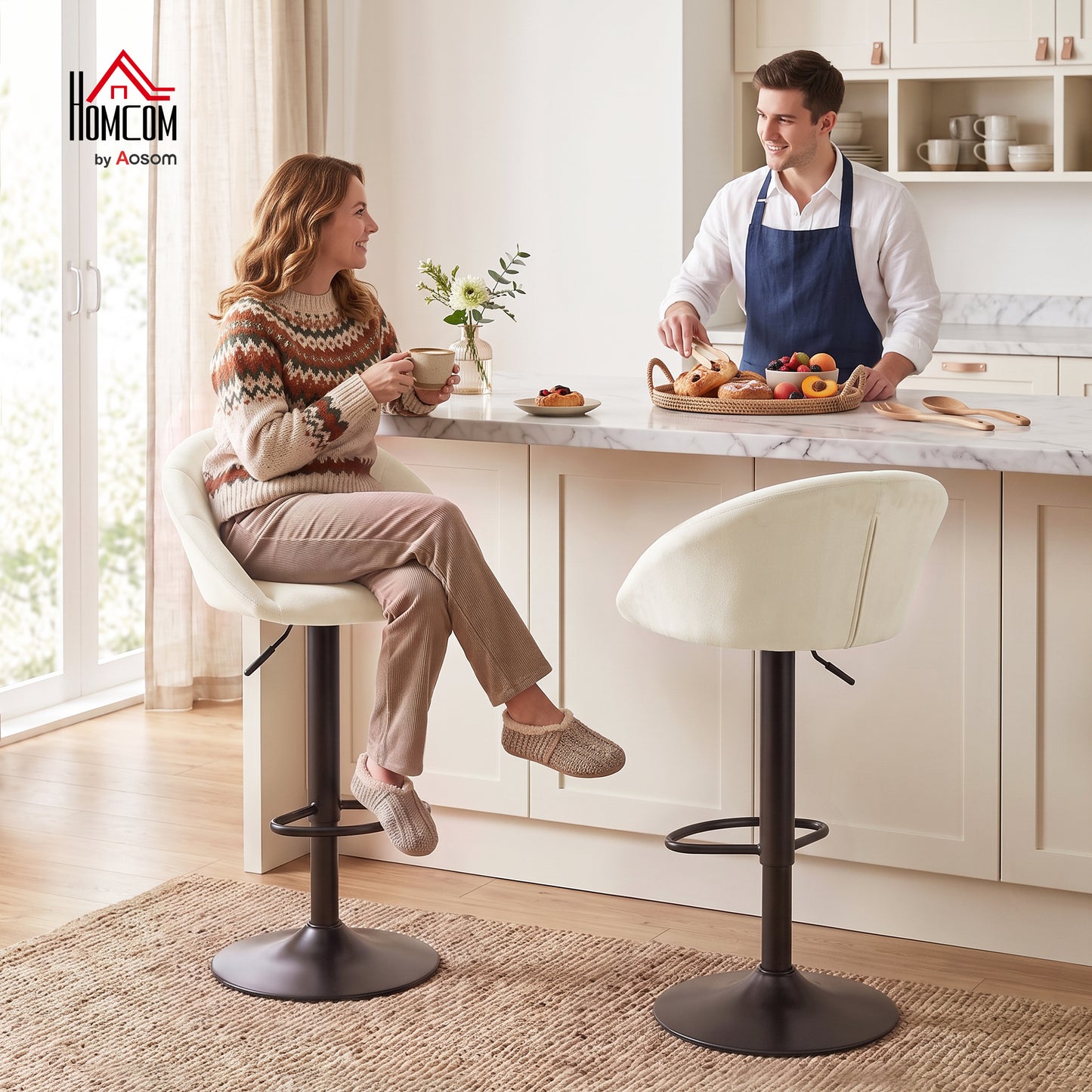 Bar Stools Set of 2 Velvet Adjustable Swivel Cream White