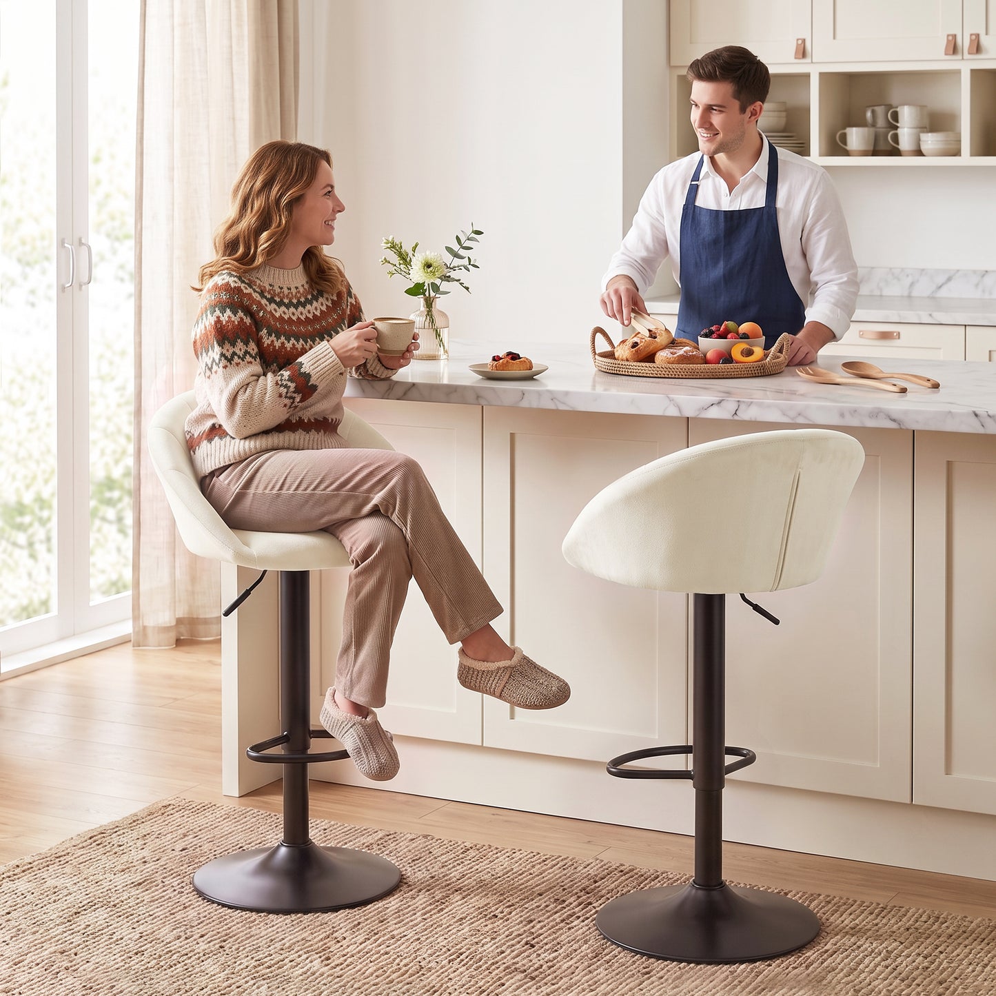 Bar Stools Set of 2 Velvet Adjustable Swivel Cream White