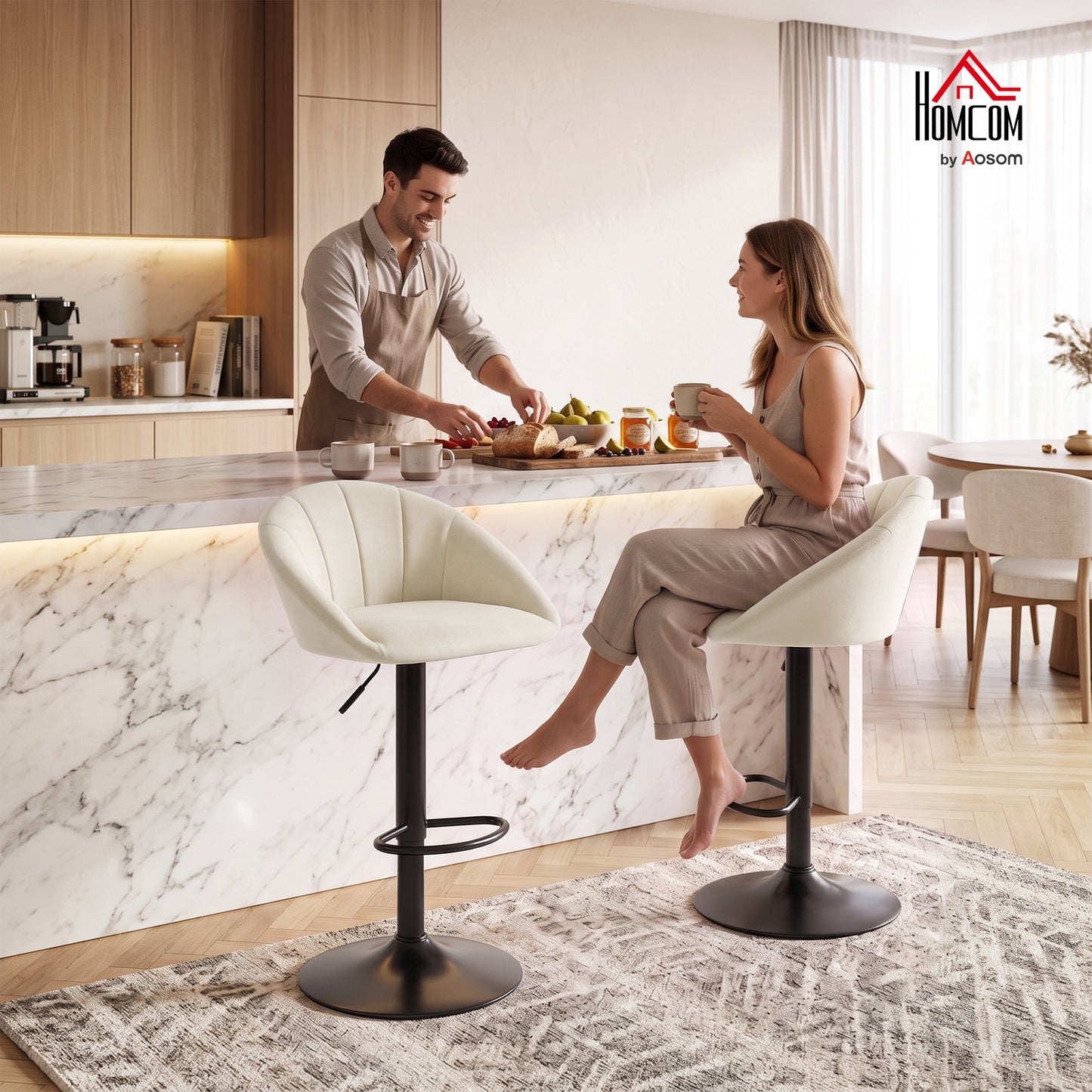Bar Stools Set of 2 Velvet Adjustable Swivel Cream White