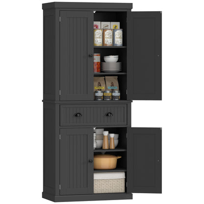 183 cm Tall Kitchen Cabinet, Freestanding Storage Cabinet with 4 Doors, Drawer and Adjustable Shelves, Kitchen Cupboard for Dining Room, Black