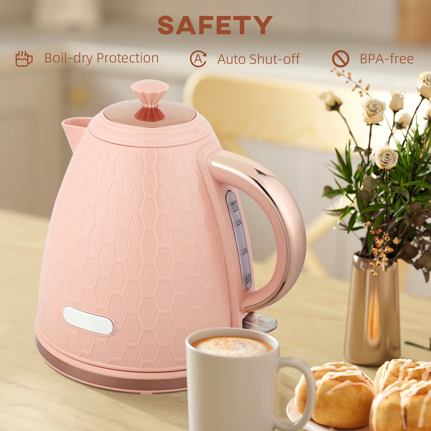 Electric Kettle, Fast Boil, 1.7L, 3kW, Auto Shut-off, Light Pink
