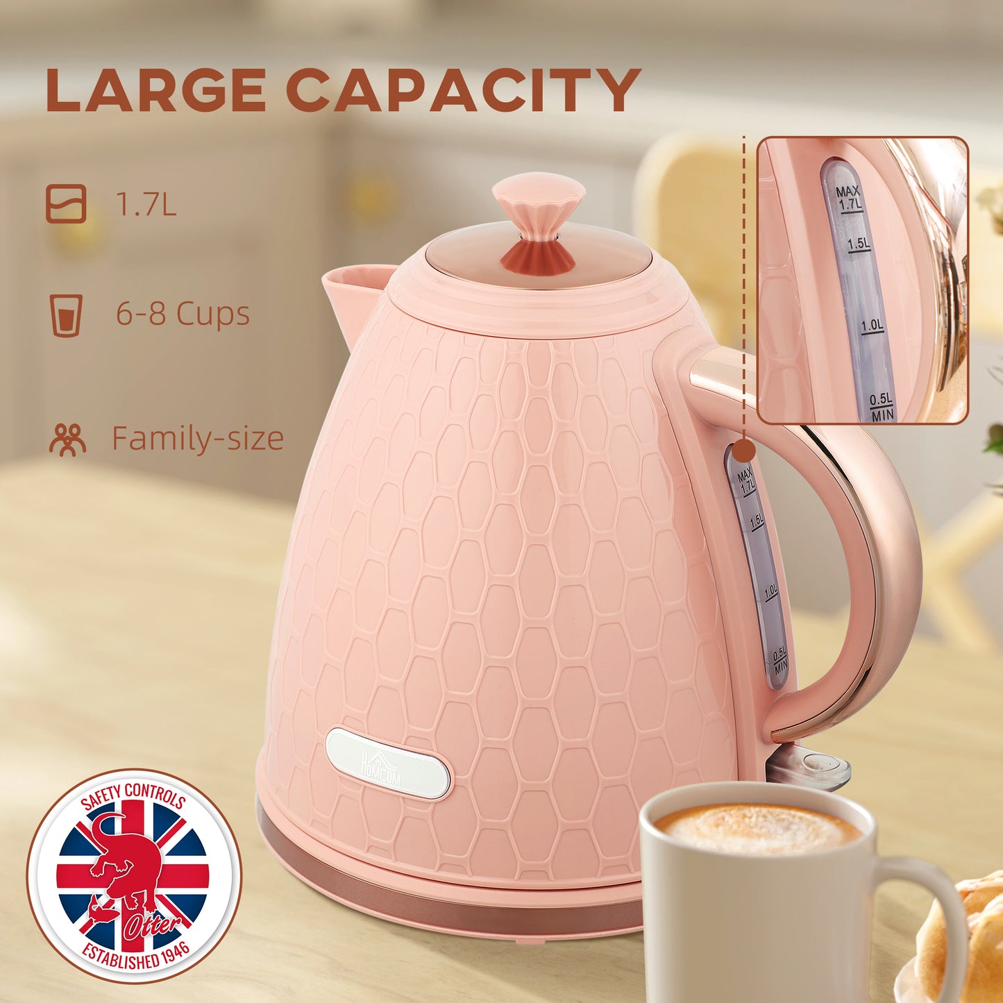 Electric Kettle, Fast Boil, 1.7L, 3kW, Auto Shut-off, Light Pink