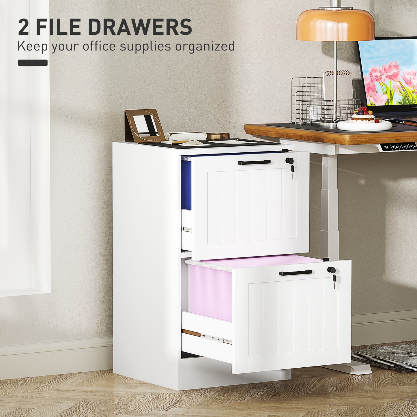 2 Drawer File Cabinet with Lock and Adjustable Hanging Bars, White