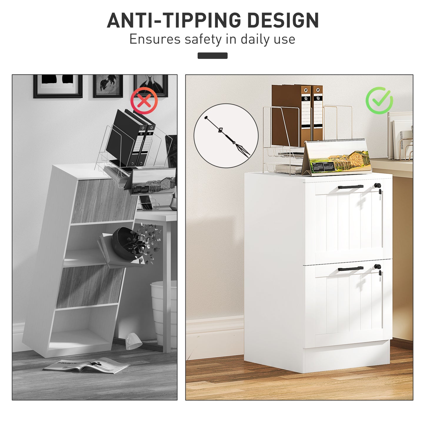 2 Drawer File Cabinet with Lock and Adjustable Hanging Bars, White