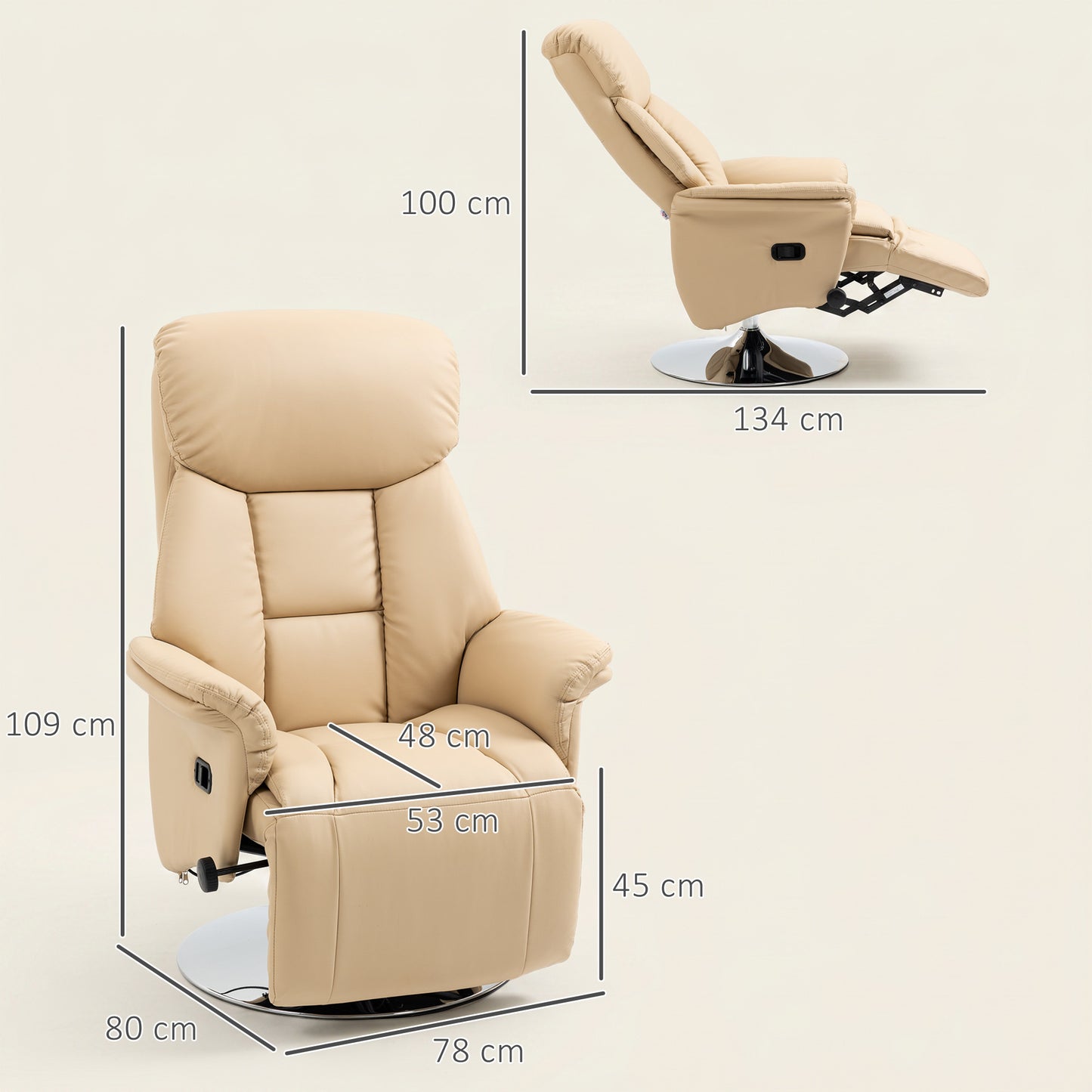 Adjustable Swivel Recliner with Footrest, Padded Arms, Beige