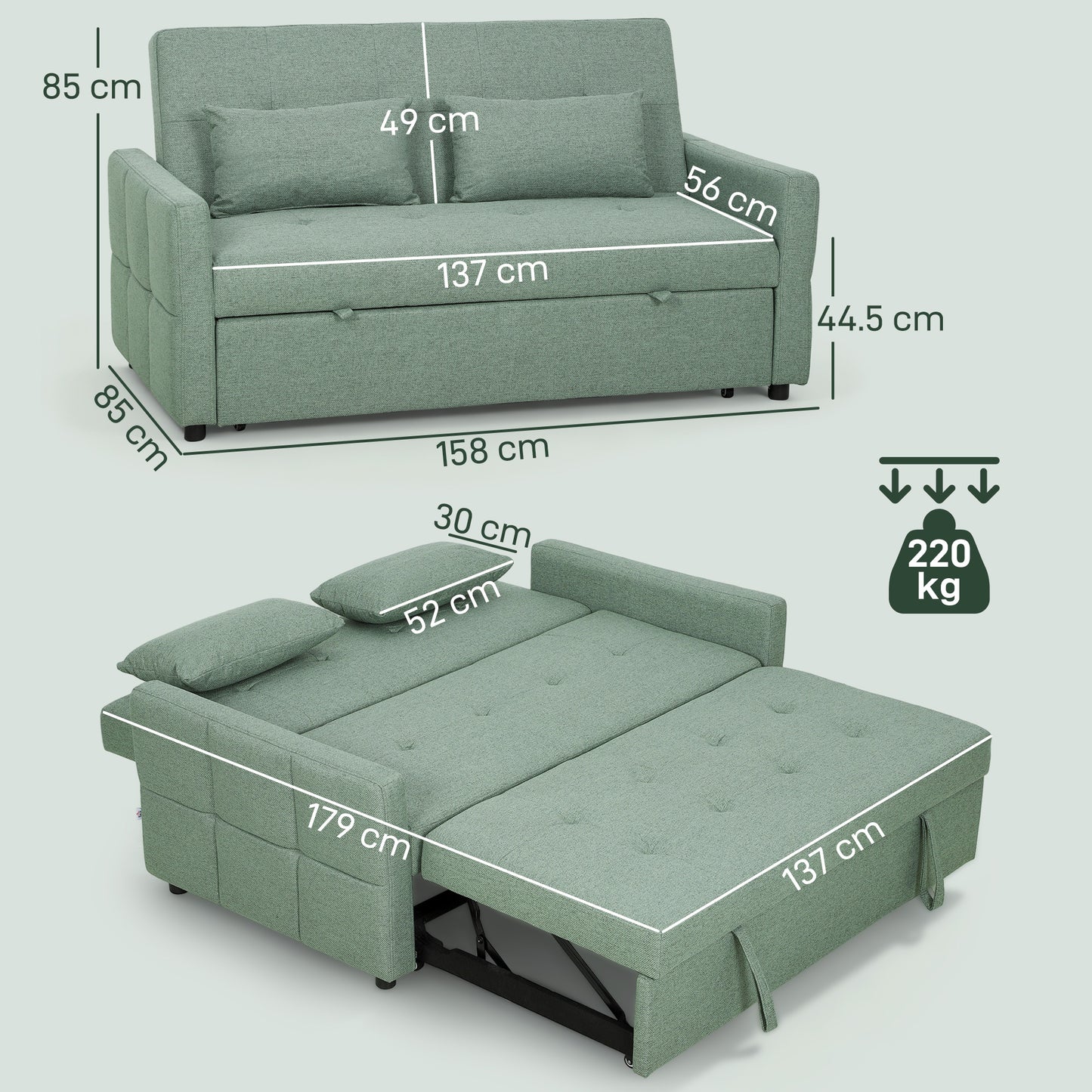 2 Seater Sofa Bed, Convertible Pull Out Bed Settee, Light Green