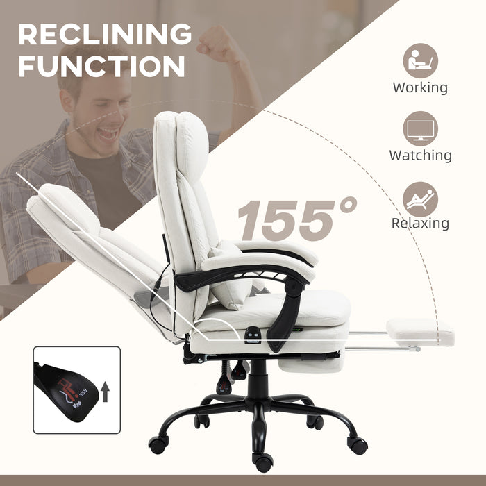 Vibration Massage Office Chair w/ Heat, Microfibre Computer Chair w/ Footrest, Lumbar Support Pillow, Armrest, Reclining Back, Cream White